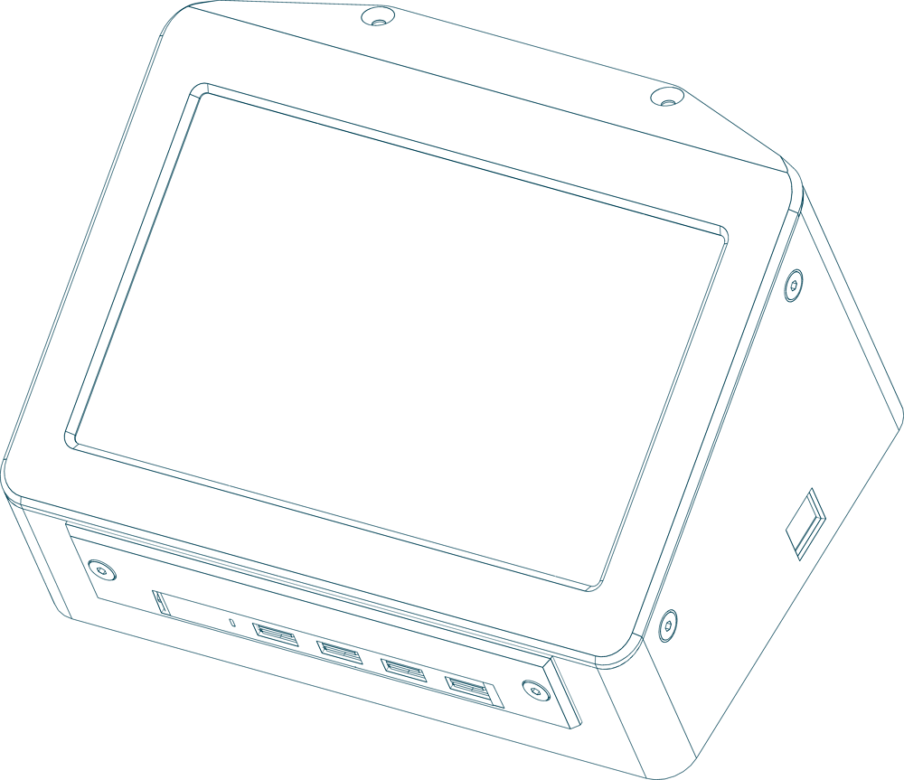 Line drawing of the SciSpinner Max Control Module: an angled touchscreen enclosure with USB ports along the front edge