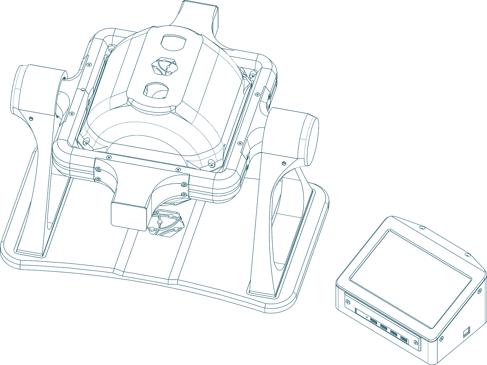 Line drawing of the SciSpinner Max: a rotating frame on two uprights holding the core sample chamber, with the touchscreen Control Module beside it